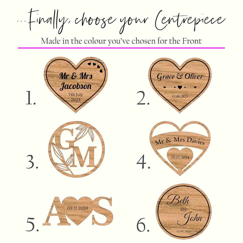 May include: Six different wooden centerpieces for a wedding or special event. The centerpieces are all heart-shaped or round and feature different designs and text. The designs include initials, names, and wedding dates. The text is in black and the wood is a light brown color.