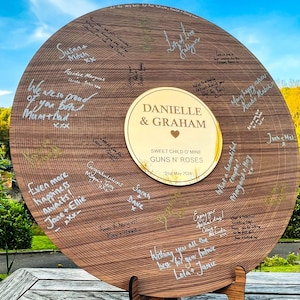 Wedding Record Alternative Guestbook - Walnut & Gold First Dance Special Song Couple&#39;s Guest Book Board- Album Band Music Theme -Lovesong LP