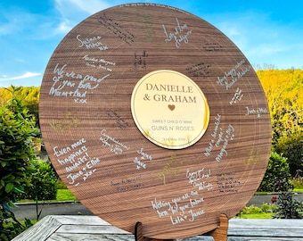 Wedding Record Alternative Guestbook - Walnut & Gold First Dance Special Song Couple's Guest Book Board- Album Band Music Theme -Lovesong LP