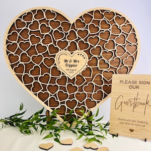 Wedding Heart Shaped Alternative Guestbook - Personalised- Oak & Walnut, Up to 300 Guests / Wood Engraved- Engagement Birthday Anniversary