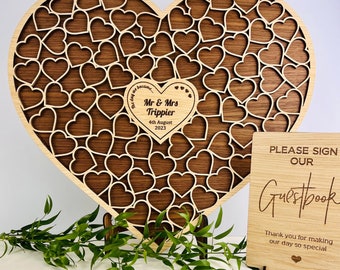 Wedding Heart Shaped Alternative Guestbook - Personalised- Oak & Walnut, Up to 300 Guests / Wood Engraved- Engagement Birthday Anniversary