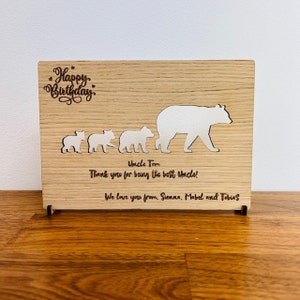 Ours en bois personnalisé 'Joyeux anniversaire' gravé carte chêne/noyer/cerise carte papa grand-père frère oncle ami