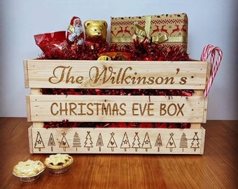 Gepersonaliseerde grote familie kerstavonddoos / krat - hout gegraveerde grote doos voor kerstavondnacht - traditioneel met familienaam