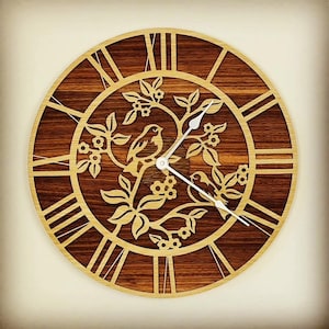 Handmade Wooden Silent Bird Wall Clock Up to 90cm in Layered Oak & Walnut - Silver or Gold Hands
