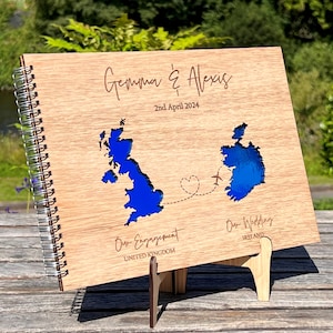 Wedding Guest Book Abroad , Oak wood Guestbook, Personalised Custom , Scrapbook Photo album, Foreign Destination UK Wedding Gift Present