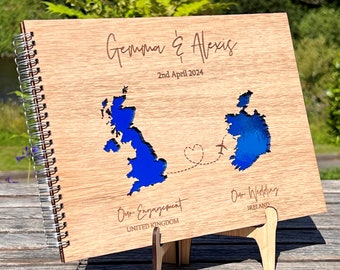 Wedding Guest Book Abroad , Oak wood Guestbook, Personalised Custom , Scrapbook Photo album, Foreign Destination UK Wedding Gift Present