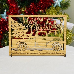 Chêne, cerisier ou noyer - Carte de Noël en bois personnalisée - Camion gravé sur bois avec votre propre message personnel pour Noël !