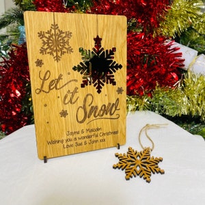 Chêne, cerisier ou noyer - Carte de Noël en bois personnalisée avec décoration / ornement d'arbre de Noël flocon de neige Pop-out