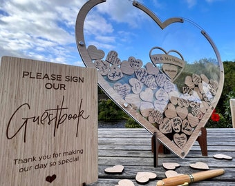 Wedding Guest Book Alternative Heart Drop Box Guestbook - Wedding Table Sign Decor Personalised Wedding Gift Present Oak Wood Walnut Rustic