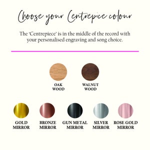 Pode incluir: Imagem mostrando op&ccedil;&otilde;es de cores para um centro de disco personalizado. As op&ccedil;&otilde;es incluem madeira de carvalho, madeira de nogueira, espelho dourado, espelho bronze, espelho de metal de canh&atilde;o, espelho prateado e espelho de ouro rosa. O texto diz "Escolha a cor do seu centro".
