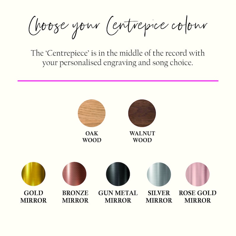Pode incluir: Imagem mostrando op&ccedil;&otilde;es de cores para um centro de disco personalizado. As op&ccedil;&otilde;es incluem madeira de carvalho, madeira de nogueira, espelho dourado, espelho bronze, espelho de metal de canh&atilde;o, espelho prateado e espelho de ouro rosa. O texto diz "Escolha a cor do seu centro".