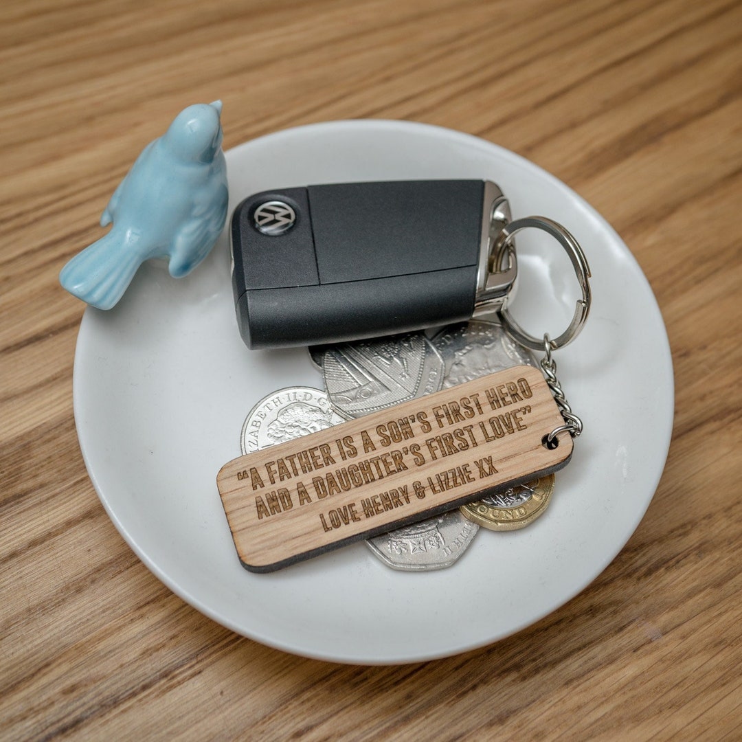 Personalised Father's 'hero' Keyring in Oak, Walnut or Cherry Wood ...