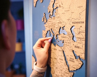 Cork Pin Wooden World Map Home Decor, World Map Wall Art, 5th Anniversary Gift , Housewarming Gift, Living Room Decor