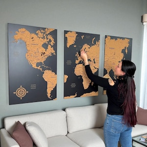 World Map Push Pin Wall Art with pins, Cork World Map Board, Wooden World Map Travel Map, Pin Board Apartment Decor, Above Bed Decor