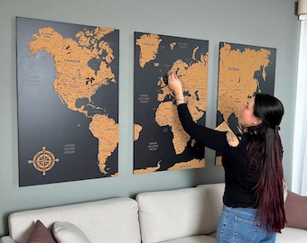 World Map Push Pin Wall Art with pins, Cork World Map Board, Wooden World Map Travel Map, Pin Board Apartment Decor, Above Bed Decor