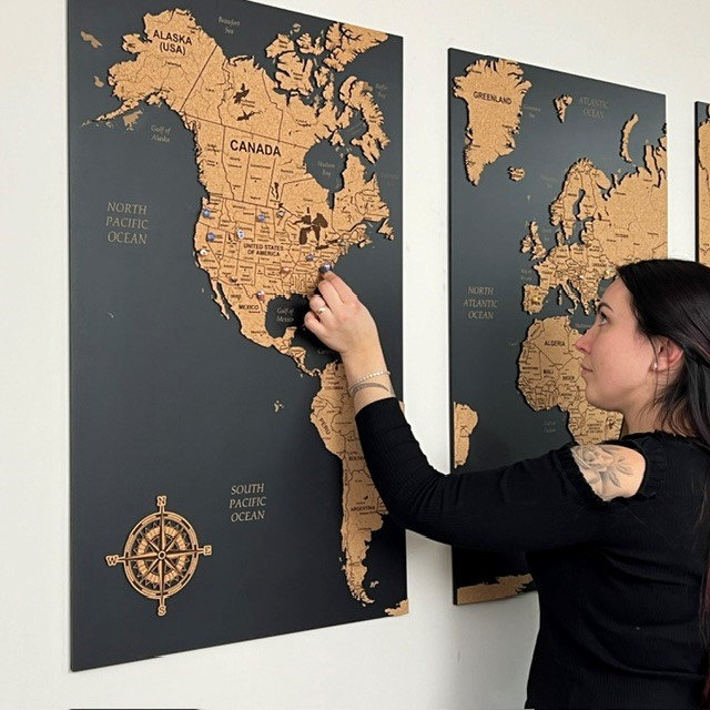 世界地図コルクプッシュピンボード旅行壁アートマップ、オーク材または
