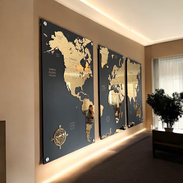 High Detail 3D Gold World Map Travel Wall Art Map, Feature Wall Centrepiece, S-XXL sizes, 3 Panel Feature Wall Art, Anniversary Gift