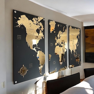 Mapa del mundo dorado para pared, regalo de 50.° aniversario, mapa de madera para decoración de apartamentos, mapa de viaje para regalo de cumpleaños, arte de pared de 3 piezas para colgar como regalo para el nuevo hogar