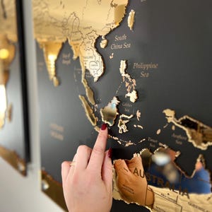 Carte du monde en bois murale 3D, miroir doré, taille S - XXL, pièce maîtresse très détaillée, art mural, carte du globe de voyage