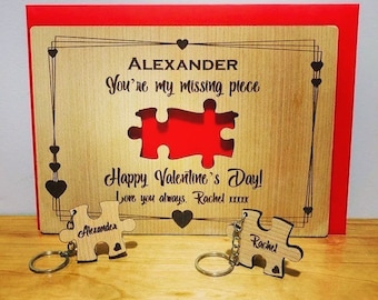 Personalised Valentines Card & Keyring Gift Set | Beautiful Wooden Engraved Valentine&#39;s Day Gift | in choice of Oak, Cherry, Walnut woods