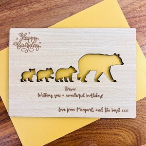 Ours en bois personnalisé 'Joyeux anniversaire' gravé carte chêne/noyer/cerise carte papa grand-père frère oncle ami