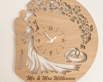 Personalised Handmade Wooden Silent Wedding Anniversary Gift Wall Clock Up to 90cm in Oak, Cherry or Walnut - Silver or Gold Hands