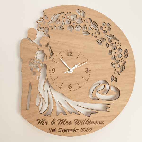 Personalised Handmade Wooden Silent Wedding Anniversary Gift Wall Clock Up to 90cm in Oak, Cherry or Walnut - Silver or Gold Hands