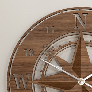 Handmade Wooden Silent Compass Wall Clock Up to 90cm in Oak, Cherry or Walnut - Silver or Gold Hands