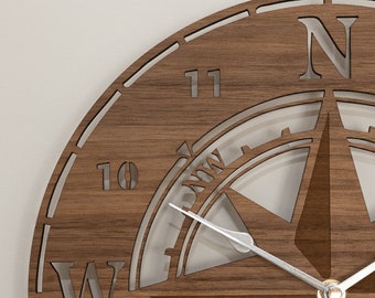 Handmade Wooden Silent Compass Wall Clock Up to 90cm in Oak, Cherry or Walnut - Silver or Gold Hands