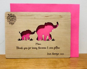 Personalised Wooden Mummy Elephant & Baby &#39;Happy Mother&#39;s Day&#39; Oak/Walnut/Cherry Card Never Forget