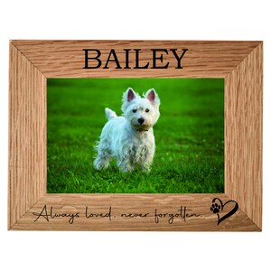 Pode incluir: Uma moldura de fotos de madeira com o nome "BAILEY" gravado na parte superior. A moldura contém uma foto de um West Highland White Terrier branco em pé num campo de relva. A parte inferior da moldura tem o texto "Always loved, never forgotten." com uma pegada de pata e um coração.