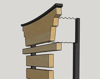May include: A wooden wall panel with a curved top and a black metal frame. The panel is made of horizontal slats of wood, each with a slightly different length. The panel is designed to be mounted on a wall.