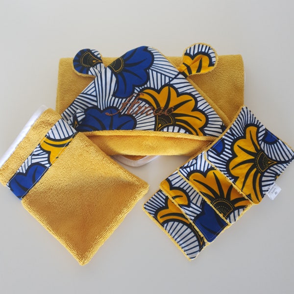 Cape de bain - Parure de bain coloré pour bébé en wax, madras et éponge de bambou