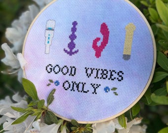 Good Vibes Only Cross Stitch | 7.5” Hoop | Pixel Vibrators | Purple Watercolor Fabric & Florals