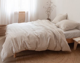Copripiumino in lino a righe beige, biancheria da letto in lino lavato, copripiumino in lino naturale dimensioni Queen King California