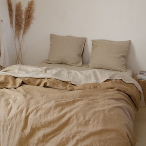 Leinen-Bettlaken-Set in Beige: Leinen-Spannbetttuch, Leinen-Bettlaken und zwei Leinen-Kissenbezüge, gewaschene Leinenbettwäsche für Queen-Size-Betten