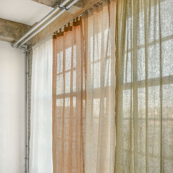 Tab top linen curtain panel, semi-sheer washed linen curtain, custom size linen drapes