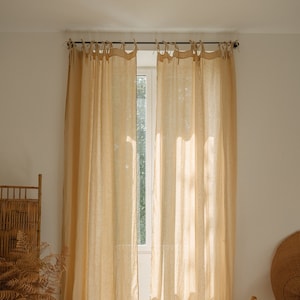 Tie top linen curtain panel, semi-sheer washed linen curtains, custom made linen drapes