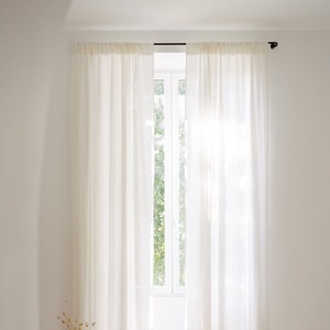 Rod pocket white linen curtain panel, semi-sheer washed white linen curtains, custom made linen drapes 画像 1