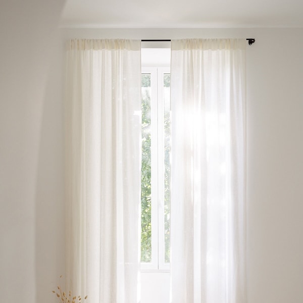 Panneau de rideau en lin blanc de poche de tige, rideaux en lin blanc lavé semi-transparent, rideaux en lin sur mesure