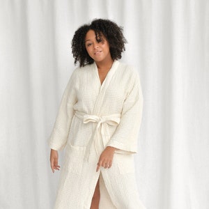 Cream white waffle weave linen bathrobe, handmade linen and cotton blend kimono robe, oversized linen robe for women