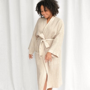 Beige waffle weave linen bathrobe, handmade linen and cotton blend kimono robe, oversized linen robe for women