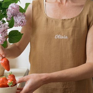 Personalized linen apron in various colors, Pinafore cross back linen apron with custom embroidery image 1