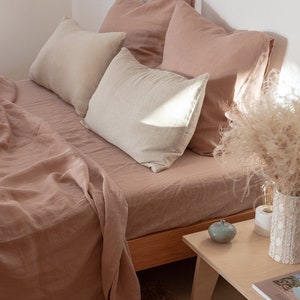 Sunset rose linen fitted sheet, washed linen bed sheet, Queen King linen sheets image 1