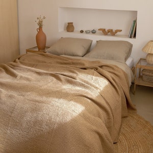 Almond waffle weave linen blanket, linen cotton blend bed throw blanket Queen King sizes