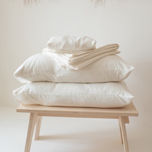White linen sheet set: linen fitted sheet, linen flat sheet and two linen pillowcases, Queen King washed linen sheets