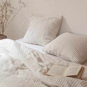 Beige stripe linen pillowcase, washed linen pillow cover Standard Queen King Euro custom sizes