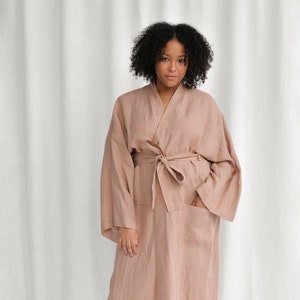 Sunset rose linen bathrobe, handmade linen kimono robe, oversized linen robe for women image 1