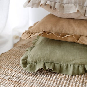 Linen pillowcase with ruffles, Standard Queen farmhouse style linen pillow covers in various sizes and colors image 2