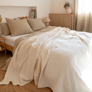 Cream white waffle weave linen blanket, linen cotton blend bed throw blanket Queen King sizes